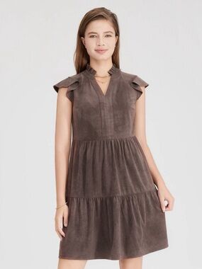 Faux Suede Flutter Short Sleeve Mini Tunic Dress